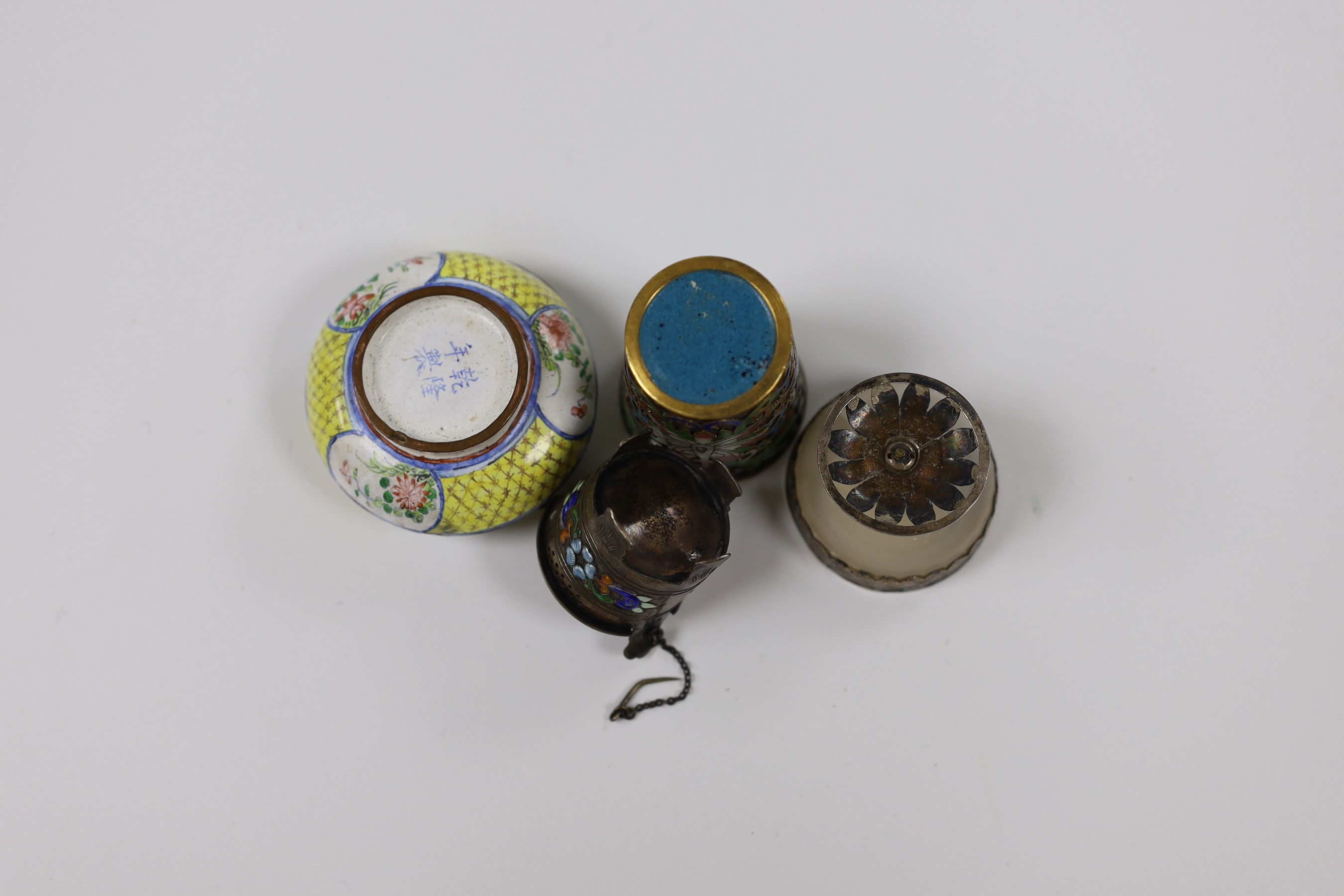A cloisonne tumbler, a white metal mounted pot and cover, and three other items